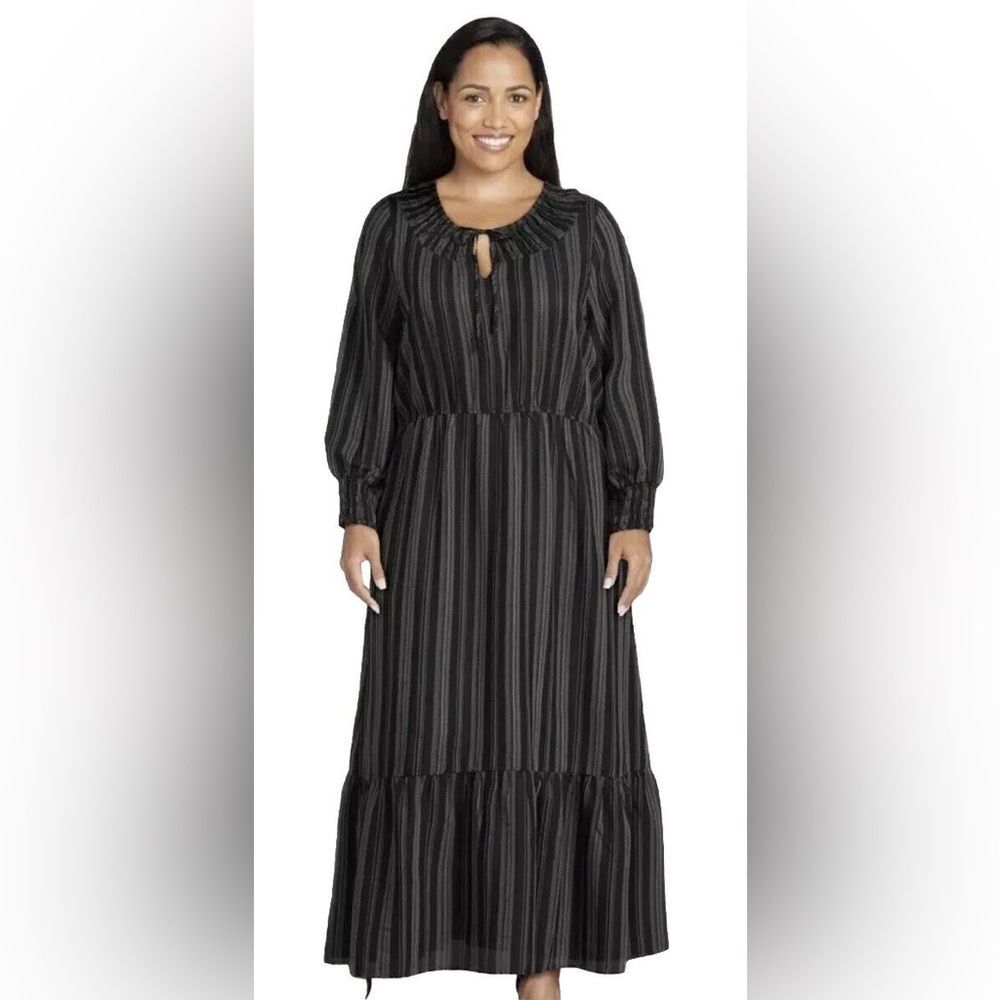 Terra & Sky Black Long Sleeve Striped Dress‎